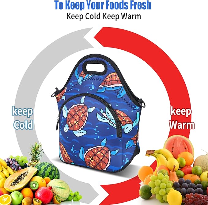 Violet Mist Neoprene Lunch Bag Reusable Insulated Lunch Box with Adjustable Shoulder Strap&Pocket for Women,Men,Adults,Cute Cartoon Turtle Snack Bags Anime Animal Work Picnic Travel Tote Food Handbags