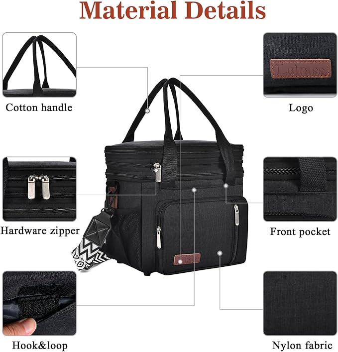 LOKASS Lunch Box for Men/Women-16L-Insulated Lunch Bag, Expandable Double-layer Leakproof Cooler Bag with Upgrade Adjustable Shoulder Strap Ideal for Work/Travel/Picnics（Black）