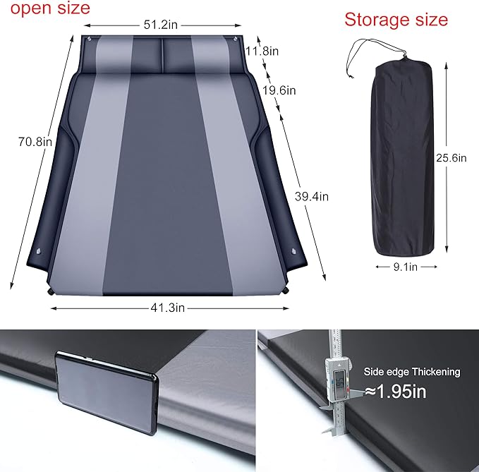 Automatic SUV air Mattress, Self Inflating Sleeping pad for car Camping or Tent Camping, Self-Inflatable Car Mattress with Inflatable Pillow Used for Minivan/SUV/Truck Back seat (Black)