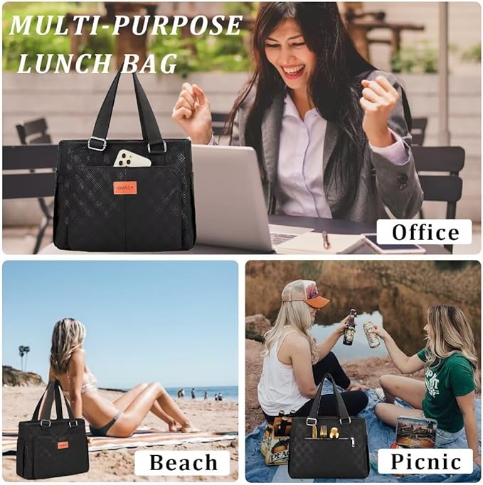 Large Women Lunch Bags for Work/Insulated Cooler Lunch Box with Side Pockets, 14L Capacity, Black