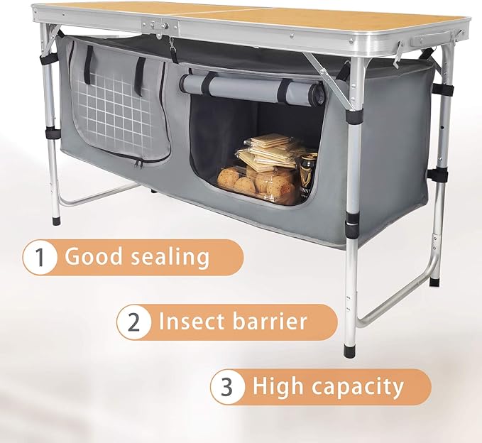 Folding Camping Table with Storage Lightweight Camp Tables Portable Indoor/Outdoor Collapsible Table Height Adjustable Camp Kitchen Perfect for Picnic, Beach, Travel, Tailgating, Backyards, BBQ, Party