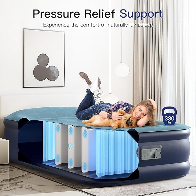 Twin Air Mattress 20” Top Pillow with Built in Pump, 2 Mins High Speed Inflation Luxury Auto Stop Pump Blow Up Mattress Comfort Air Bed, Colchones Inflables