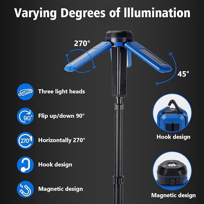 Rechargeable Solar Camping Light with Stand, Portable Cordless Work Light with 3 LED Lamp Heads, 5 Dimmable Lighting Modes, 82" Telescoping Tripod
