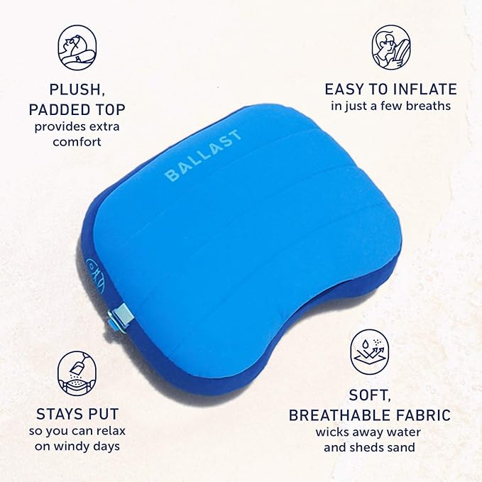 Ballast Beach Pillow – Comfy, Durable & Compact, Stays Put on Windy Beaches with Patented Sand Pouch, Inflatable Pillow for Beaches, Pools, Camping, Festivals and Travel (Palace Blue)