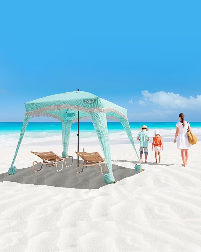 OutdoorMaster Beach Cabana with Fringes, Portable 6' x 6' Beach Canopy for Sand, Easy Set Up Sun Shelter, Included Side Wall, UPF 50+ UV Protection Sun Umbrella - for Family & Friends -Stripes