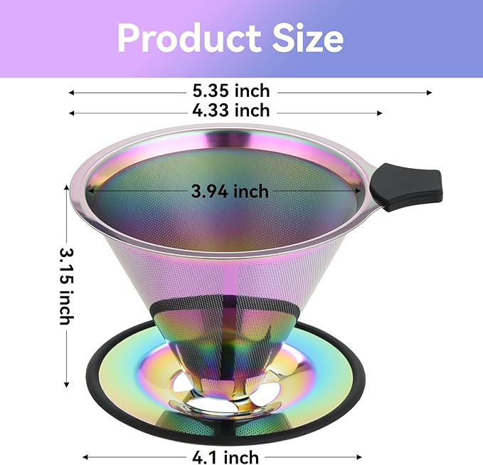Pour Over Coffee Dripper Filter: Reusable Stainless Steel Coffee Filters - Metal Cone Filter Paperless Single Cup Coffee Maker 1-4 Cup with Double Mesh & Non-slip Cup Stand Multicolour