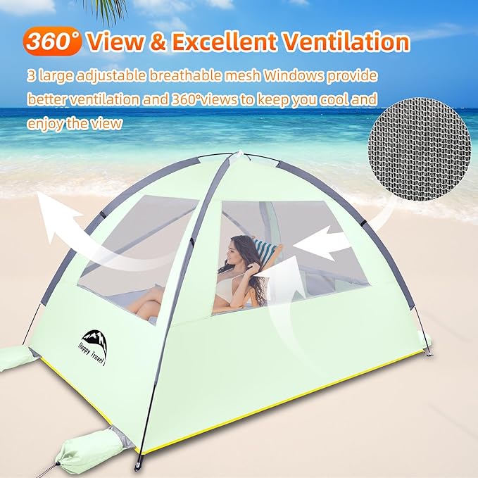 Happy Travel Beach Tent, UPF 50+ UV Protection Sun Shade Shelter for 3/4/5/6/7/8 Person, Portable Beach Canopy for Family & Baby, Lightweight & Easy Setup Beach Cabana with 3 Ventilation Mesh Windows