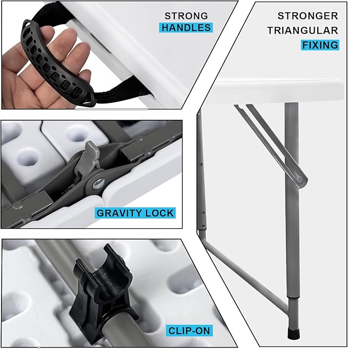 48" W x 24" D x 29.5" H - 4FT Adjustable Height Heavy Duty Plastic Fold-in-Half Foldable Table，White Portable Folding Table with Carrying Handle for Camping & Party