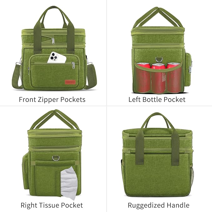 Expandable Insulated Large Cooler Lunch Box for Men 23L Heavy Duty Double Deck Leakproof Lunch Bag with 4 Ice packs&5 Snack Bags for Adult/Construction/Women/Work/Picnic/Camping -Green