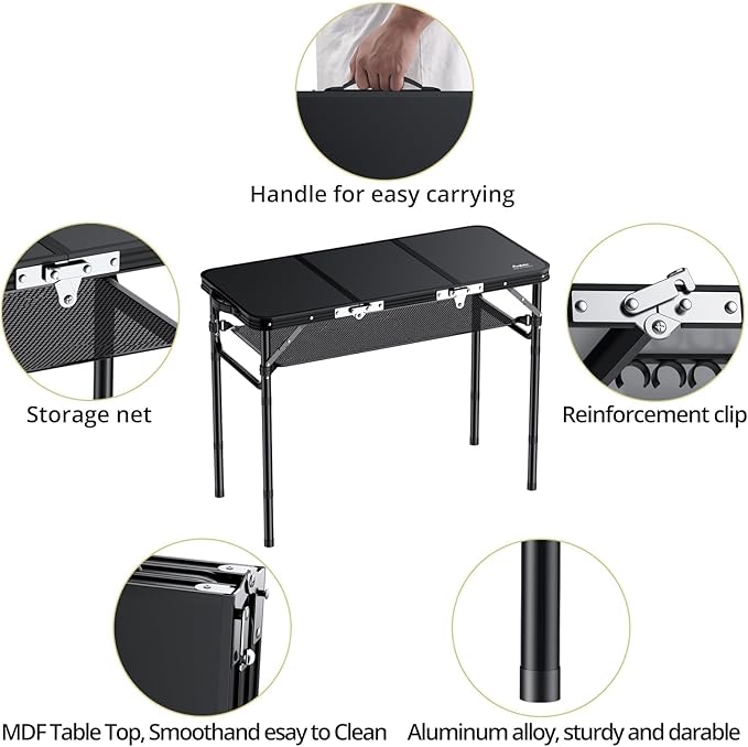 Folding Camping Table with Storage Net, 3ft Camping Table Aluminum Folding Table with 3 Adjustable Height Max 27.1 Inch Picnic Table Portable Table for Outdoor Backyard BBQ, Pure Black