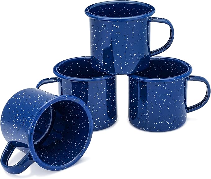 COLETTI Classic Camping Mugs — Enamel Coffee Mug, Camping Coffee Mugs — Premium Nostalgic Mug Set, German Imported Enamel Coating [Blue] [12 oz, Set of 4]