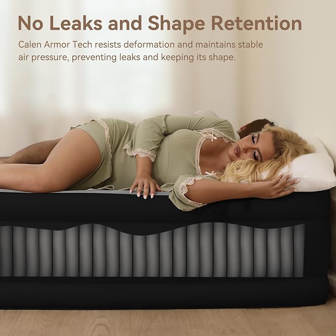 Calen Armor Tech Queen Air Mattress with Built in Pump,18”Luxury Inflatable Mattress with Six Side Protective layer Topper for Camping,Home, Fast Inflation/Deflation Airbed Waterproof Blow up Mattress
