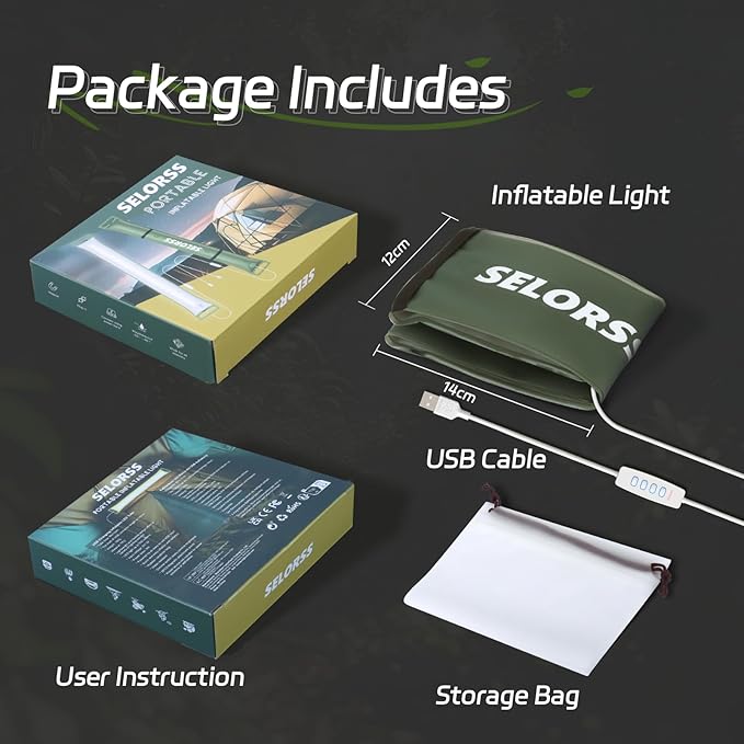 SELORSS Portable Inflatable Folding Outdoor Camping Light, IP66 Waterproof Standard with USB Plug for Camping, Hiking, Traveling and Other Outdoor environments.(Green Two-Piece)