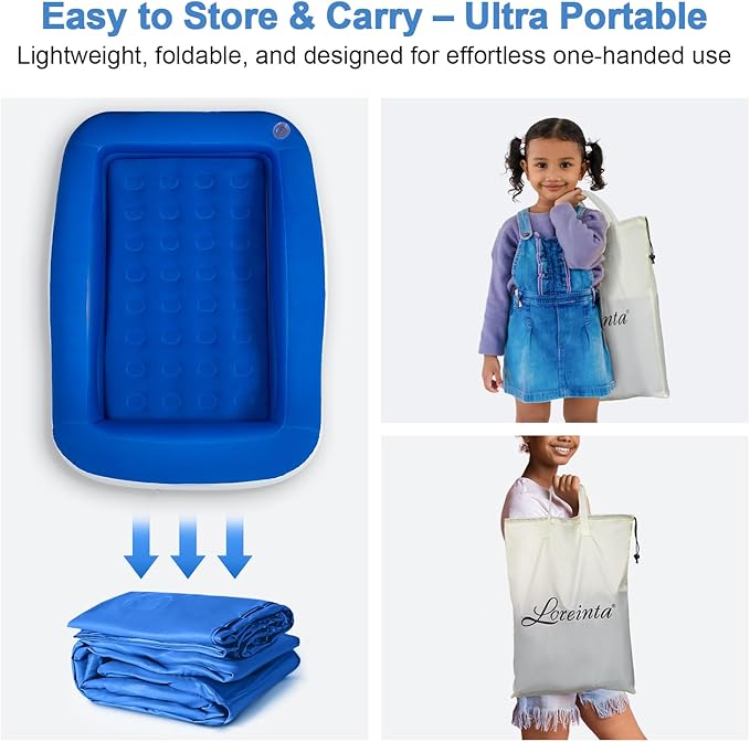 Inflatable Toddler Travel Bed – Portable Toddler Bed with Safety Bumpers, Toddler Floor Bed for Travel, Camping, Sleepovers – Kids Blow Up Bed with Pump & Carry Bag