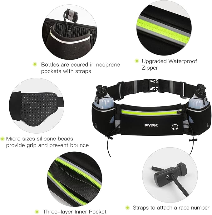 PYFK Upgraded Running Belt with Water Bottles, Hydration Belt for Men and Women, Water Bottle Holder Running Pouch Belt, Fanny Pack Fits 7 inches Phones, Waist pack for Running Hiking Climbing