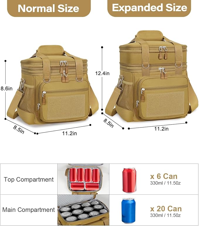 Double Deck Insulated Lunch Box, Expandable Large Lunch Bag Leakproof Cooler Bag Lunch Pail for Men Women Adults Work Shifts Travel Daytrip, Brown