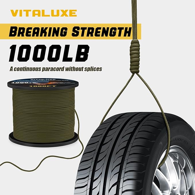 1000lb Paracord Rope, 4mm 12 Triple Strands Paracord, Heavy Duty Tactical Parachute Cord for Survival Gear, Camping, Hiking, and Ideal for Bracelets, Lanyards, Type III