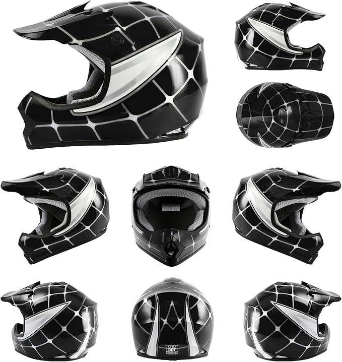 TCT-MOTORPARTS DOT Youth Kids Motocross ATV Helmets Offroad Street Dirt Bike Go-Kart BMX MX Full Face Helmet Black Spider X-Large Size