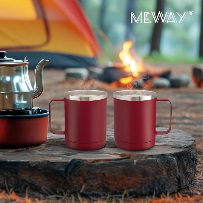 MEWAY 12oz Coffee Mug With Handle 2 Pack Bulk,Stainless Steel Insulated Travel Tumblers With Sliding Lid,Double Wall Vacuum Camping Cup for Hot & Cold Drinks Tea (Red,Set of 2)