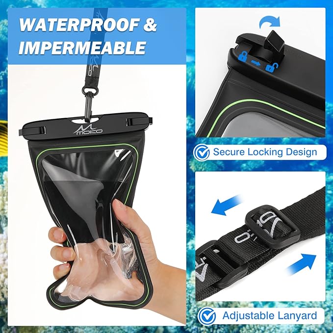 MoKo Floating Waterproof Phone Pouch - 9.5" Large Clear Phone Water Protector Pouch Dry Bag Case with Lanyard, Compatible for iPhone 14 13 12 Pro Max, Galaxy S23 S22 Ultra, 2 Pack Black+Black