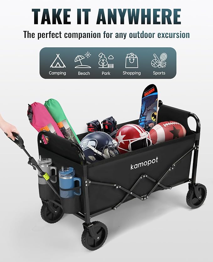 Large Collapsible Wagon Foldable for Grocery, Beach, Park, Yard, 34" x 18" Inner Storage. 300lb Heavy Duty Folding Utility Cart on Wheels w/Cupholders