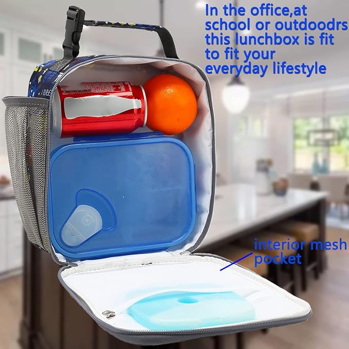 FlowFly Kids Lunch box Insulated Soft Bag Mini Cooler Back to School Thermal Meal Tote Kit for Girls, Boys, Robot