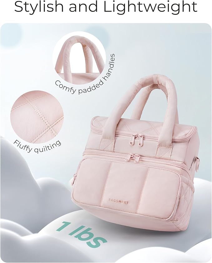 BAGSMART Lunch Bag Women, Double Deck Insulated Lunch Box, Quilted Puffer Lunch Tote, Leakproof, Durable & Reusable Large Lunch Cooler For Work Picnic Travel Meal Prep, Dark Pink
