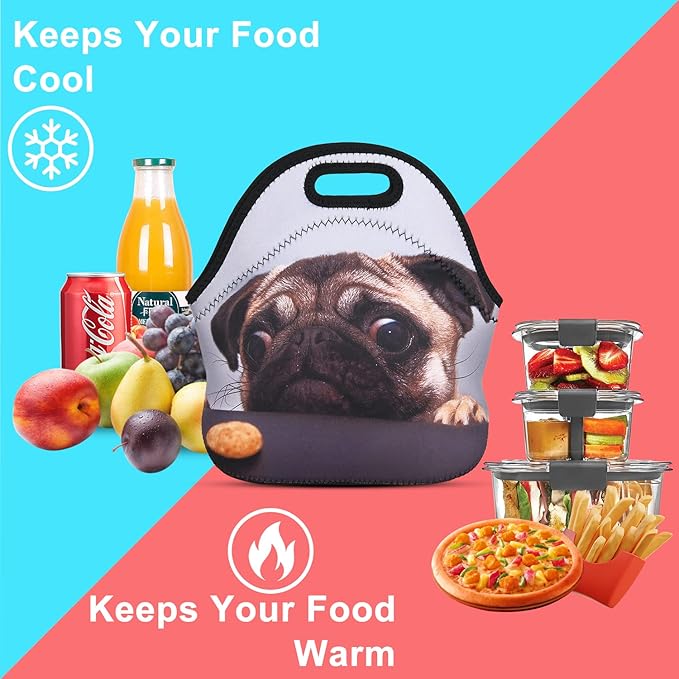Violet Mist Cute Neoprene Lunch Bag Women Insulated Reusable Lunch Box Thick Pug lunchboxes Bags Thermal Dog Lunchbags Lightweight Food Handbags Container Picnic Outdoor Thanksgiving Christmas Gifts
