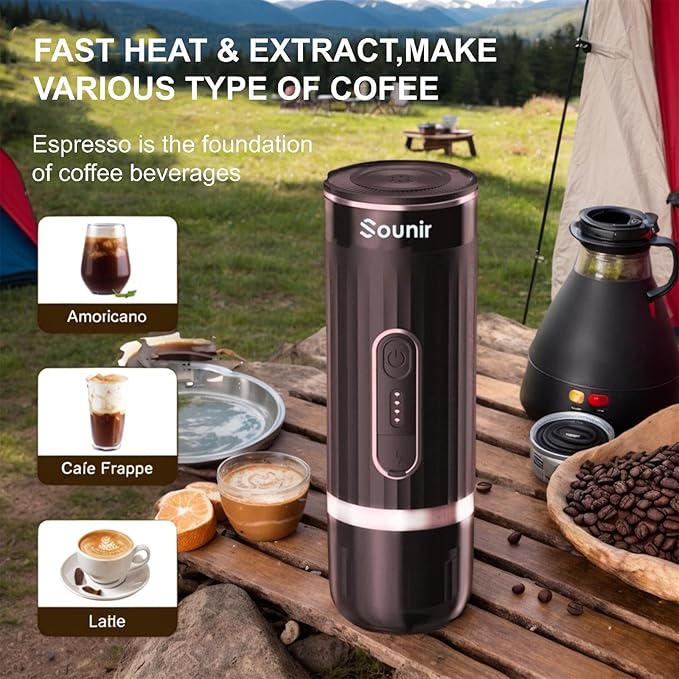 Portable Espresso Machine & Coffee Maker for Camping, Travel, Office - Self-Heating, USB-C Charger, Compatible NS Capsule & Ground Coffee (Coffee Brown)