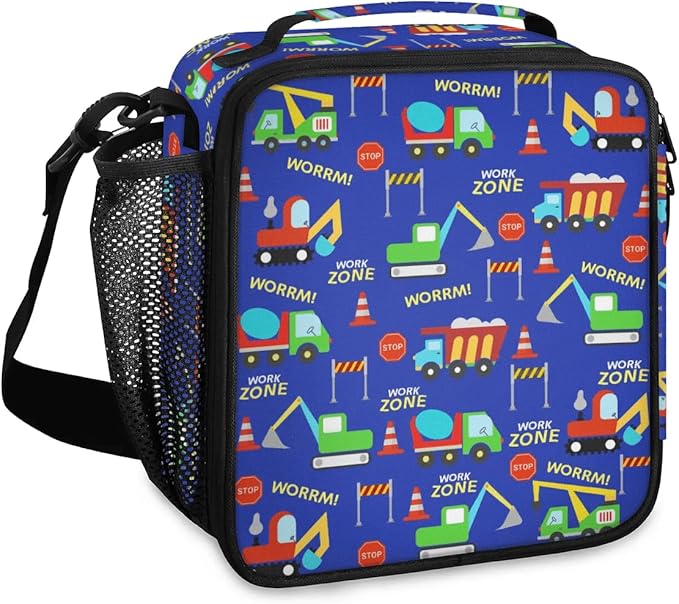 Insulated Lunch Bag for Boys - Reusable Lunch Box Water-Resistant Thermal Cooler Meal Tote Bag with Water Bottle Holder for School Picnic Travel (Construction Trucks)