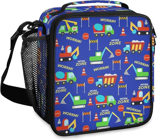 Insulated Lunch Bag for Boys - Reusable Lunch Box Water-Resistant Thermal Cooler Meal Tote Bag with Water Bottle Holder for School Picnic Travel (Construction Trucks)