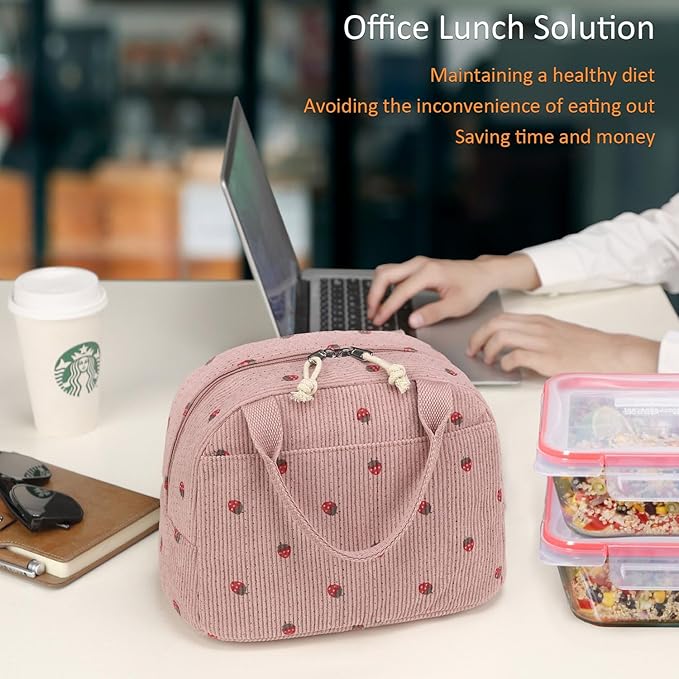 Corduroy Insulated Lunch Bag, Pink with Strawberry Pattern, Thermal Cooler Tote, Portable Large Capacity for Work or Picnic, 8.5L