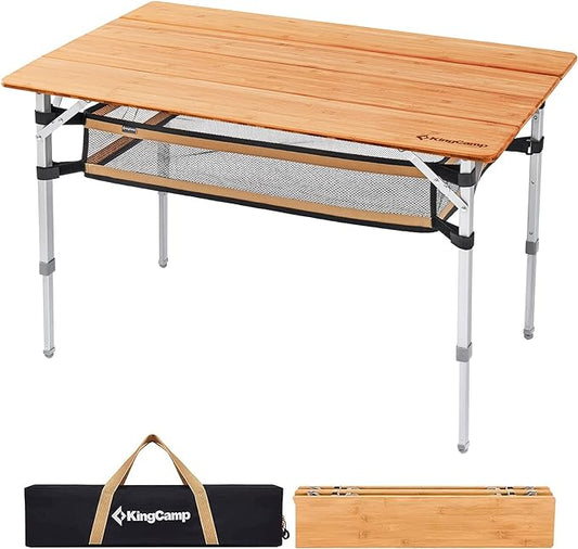 KingCamp Adjustable Height Folding Table, 4-Fold Bamboo Camping Outdoor Portable RV Camp Table with Carry Bag & Storage for Outdoor Car Backyard Picnic Tailgating Beach