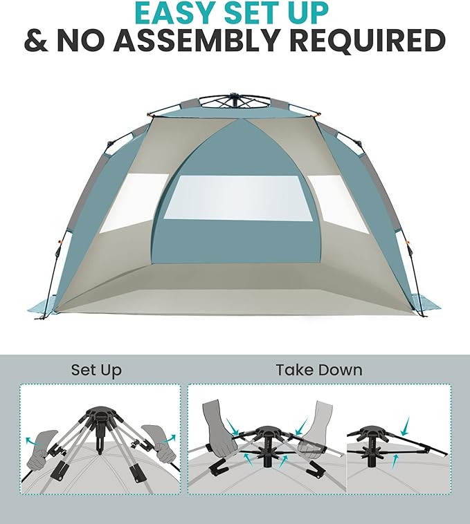 OutdoorMaster Beach Tent for 3-4 Person - Easy Setup and Portable Beach Shade Sun Shelter Canopy with UPF 50+ UV Protection Removable Skylight Family Size