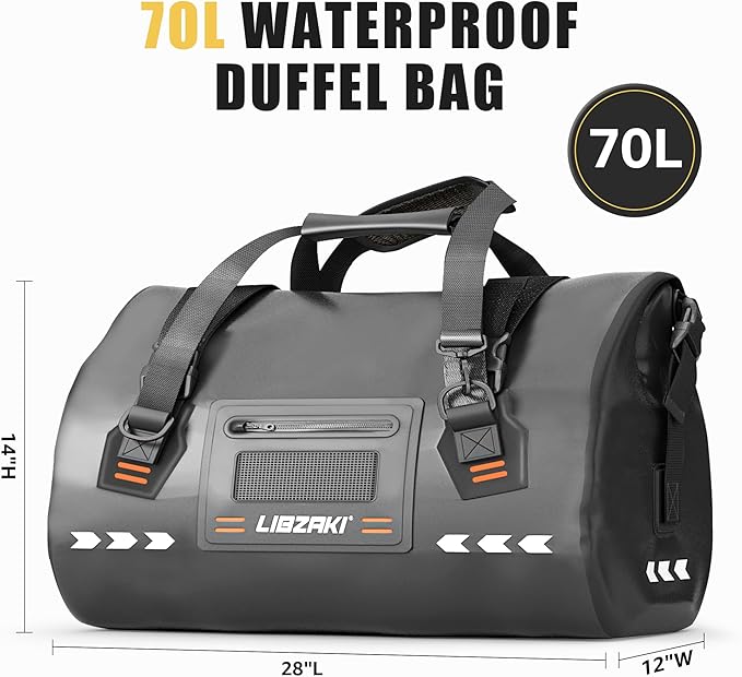 LIBZAKI Waterproof Rolltop Duffel Bag-Heavy Duty Dry Bag for Motorcycle Camping & Boating, Military-Grade Seams & Quick-Release Buckles 70L Black