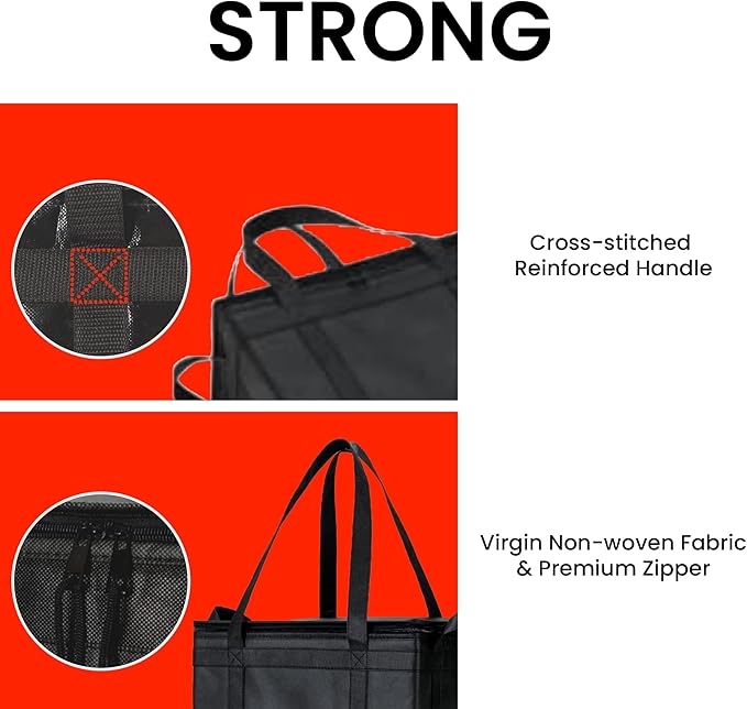 NZ home Large Insulated Cooler Bag and Food Warmer for Delivery & Grocery Shopping with Zippered Top, Black (1 Pack)