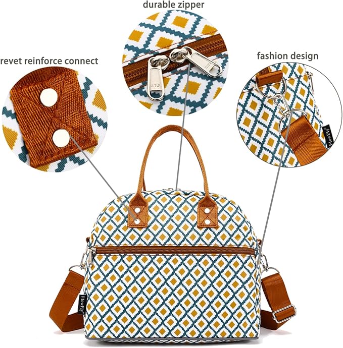 FlowFly Insulated Lunch Bag With Shoulder Strap for Women, Men, and Kids, Large and Reusable, Handle, Freezable Work and School Travel Tote and Meal Prep Organizer,Square