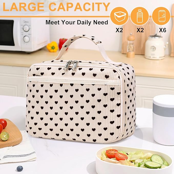 Kids Lunch Box Girls Corduroy Insulated Lunch Cooler Bag Reusable Lunch Tote Kit for School Travel(Heart)