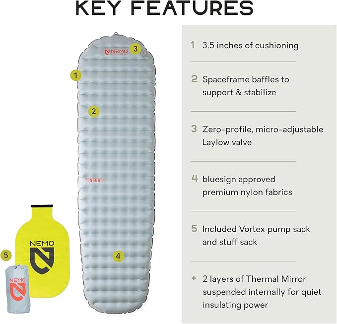 NEMO Equipment Tensor All-Season Ultralight Insulated Sleeping Pad - Regular Mummy (72" x 20) - Blade/Spicy Orange