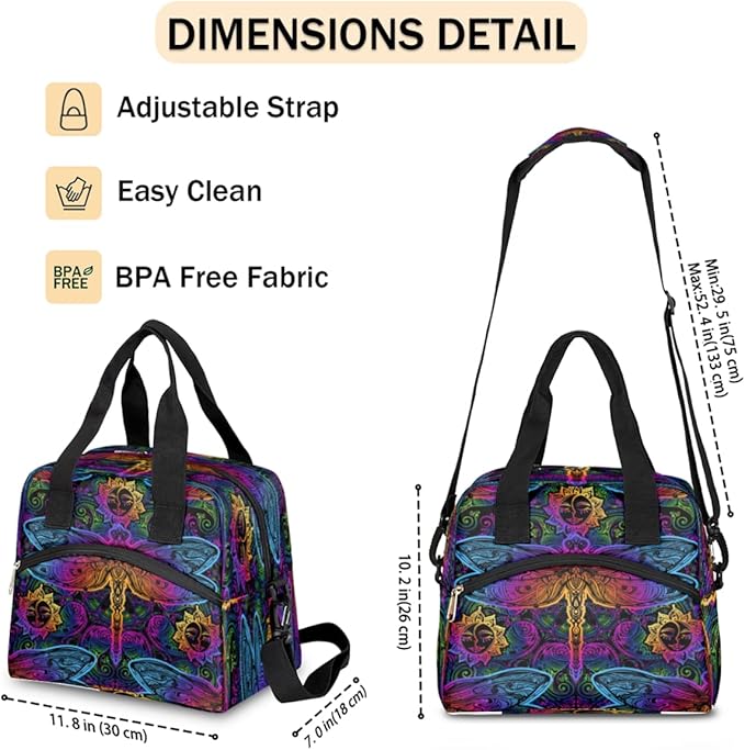 Bohemian Colorful Insulated Lunch Bags for Women Men Ethnic Dragonfly Reusable Lunch Box Shoulder Strap Tote Lunch Bag Cooler Thermal Bag for School Work Travel Office Picnic Girls Boy Adult