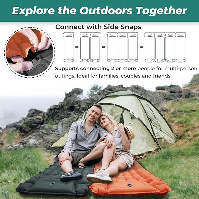 Sleeping Pad for Camping, Ultralight Inflatable Camping Mattress with Adjustable Pillow, Compact Sleeping Mat with Built-in Foot Pump, 4in Thick Air Mattress for Camping, Hiking-Orange