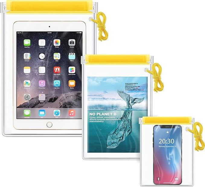 Meetory Clear Waterproof bags Pouch Dry Bags For Camera Mobile Phone Maps Kayak Document Holder - 3 Piece Set Waterproof Plastic Pouch Utility Bags(Yellow)