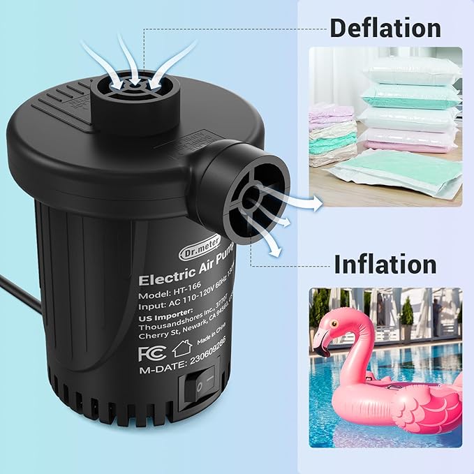 Dr.Meter Air Pump for Inflatables: AC 110V Air Mattress Pump with 3 Nozzles - Quick-Fill Electric Inflator Deflator for Inflatable Pool Raft Bed Boat Floats Swimming Rings Yoga Balls