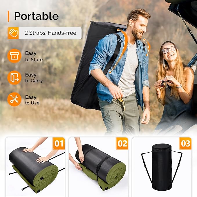 VINGLI 3 "Memory Foam Sleeping Pad Camping Mattress, Portable Floor Mattress Sleeping Mat Bed Roll Up for Guests Adult with Pillow & Phone Pocket