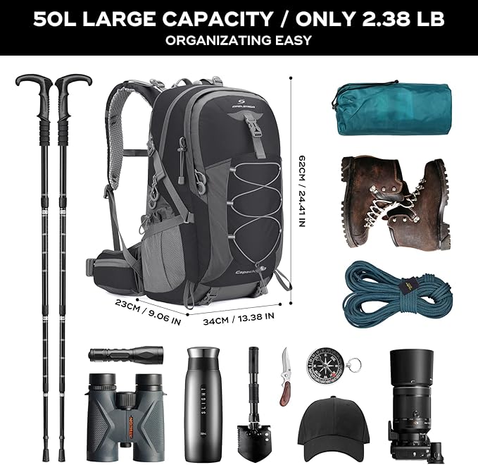 Maelstrom Hiking Backpack,Camping Backpack,50L Waterproof Hiking Daypack with Rain Cover,Lightweight Travel Backpack,Black