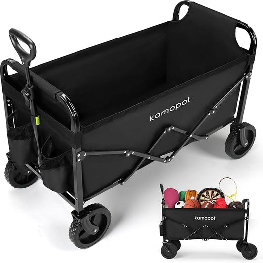 Large Collapsible Wagon Foldable for Grocery, Beach, Park, Yard, 34" x 18" Inner Storage. 300lb Heavy Duty Folding Utility Cart on Wheels w/Cupholders