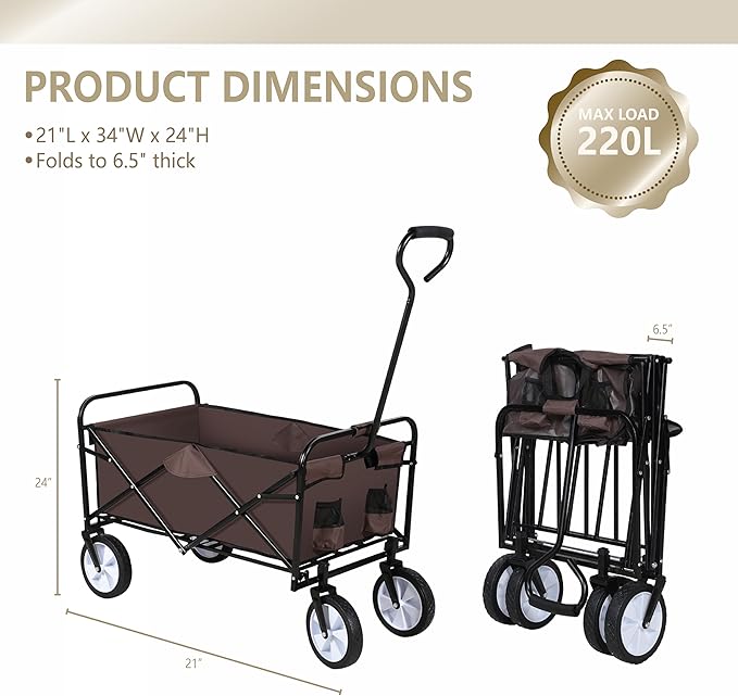 YSSOA Rolling Collapsible Garden Cart Camping Wagon, with 360 Degree Swivel Wheels & Adjustable Handle, 220lbs Weight Capacity,Brown