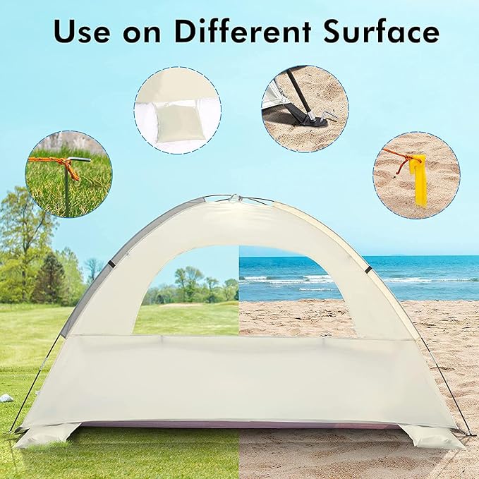 WhiteFang Beach Tent Anti-UV Portable Sun Shade Shelter for 3/4/6/8 Person, Extendable Floor with 3 Ventilating Mesh Windows Plus Carrying Bag, Stakes and Guy Lines