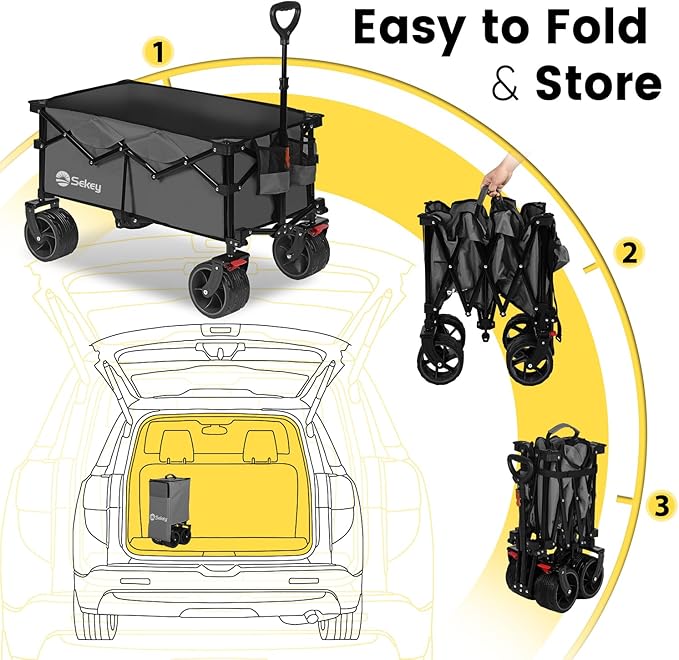 Sekey 330lbs Collapsible Foldable Wagon with Large Capacity, Heavy Duty Folding Utility Garden Cart with Big All-Terrain Beach Wheels & Drink Holders. Gray