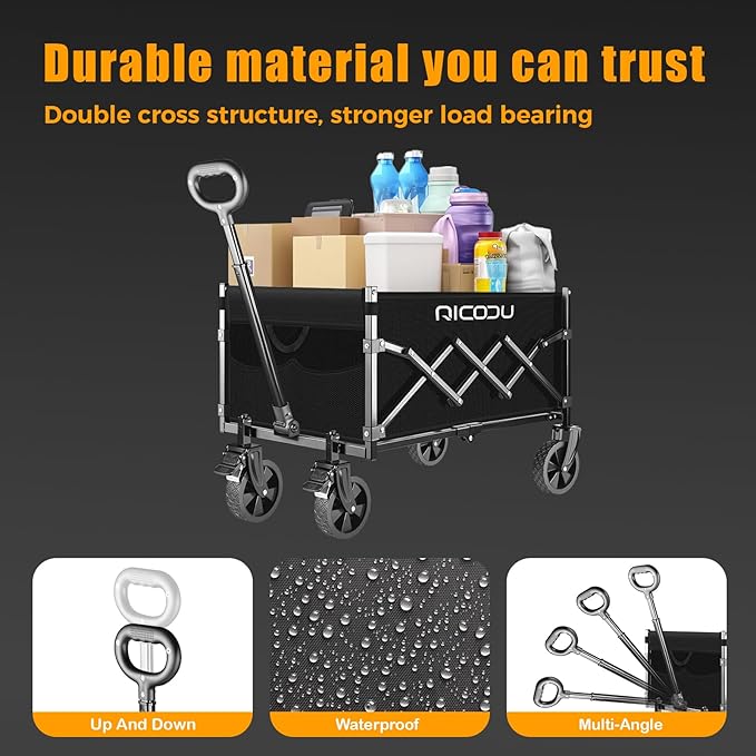 Foldable Wagon with Brakes - Lightweight 11lbs Collapsible Utility Wagon, 180lbs Capacity All-Terrain Wheels - Portable Beach Camping & Grocery Hauler